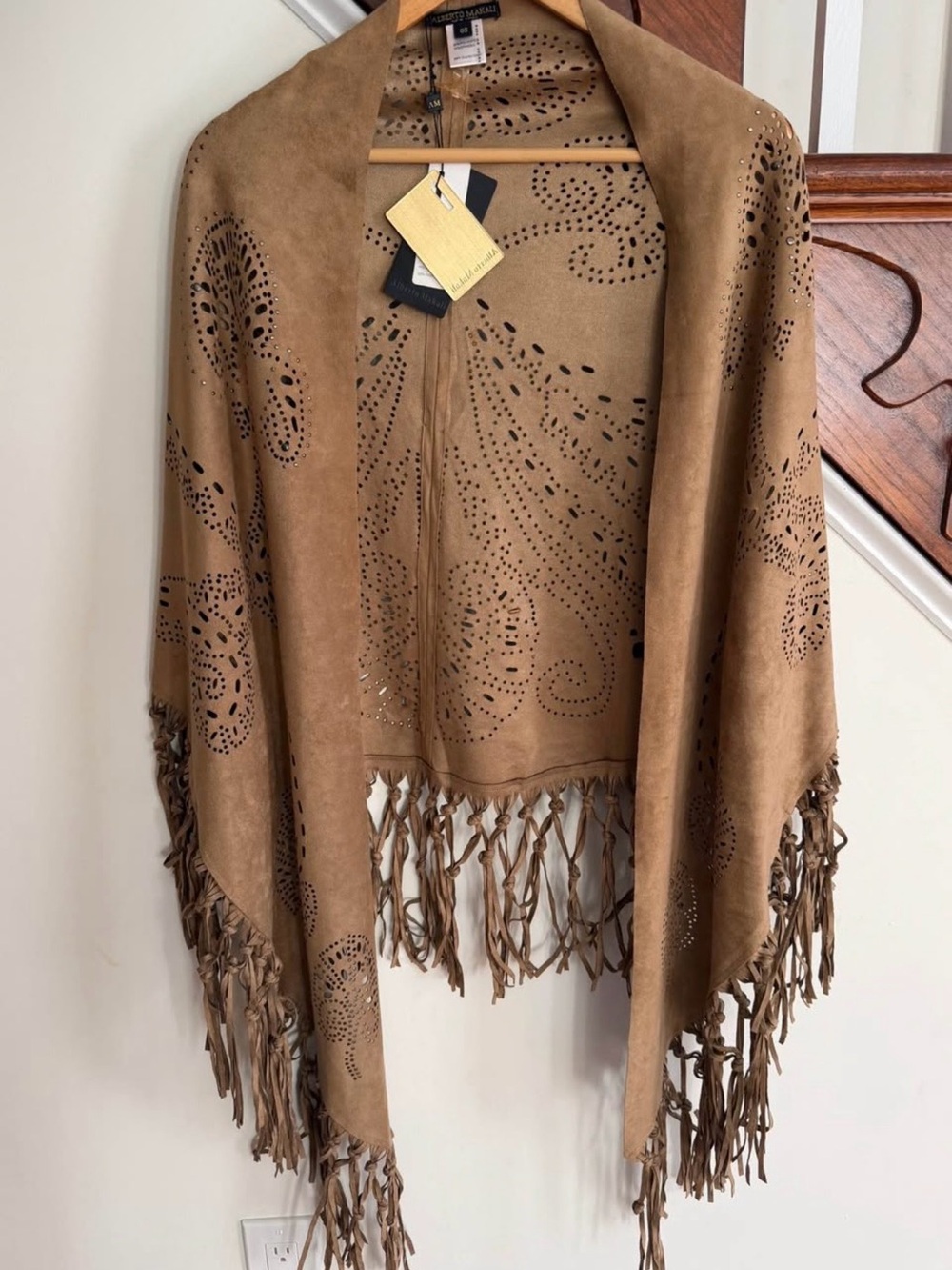 Alberto Makali Tan Laser-Cut Suede Fringe Cape